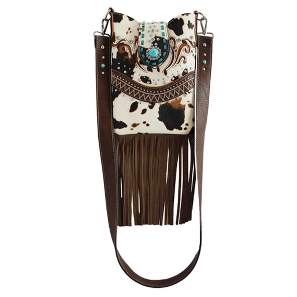 Cow Print Purse Crossbody Bag Fringe Western Handbag Women Buckle Shoulder Style